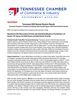 Tennessee 2020 General Election Results Tennessee Chamber of Commerce & Industry’S Morning After Report: 2020 General Election Results