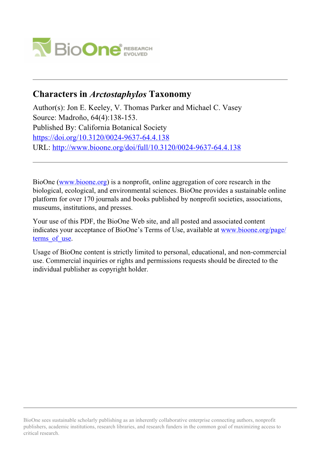 Characters in Arctostaphylos Taxonomy Author(S): Jon E