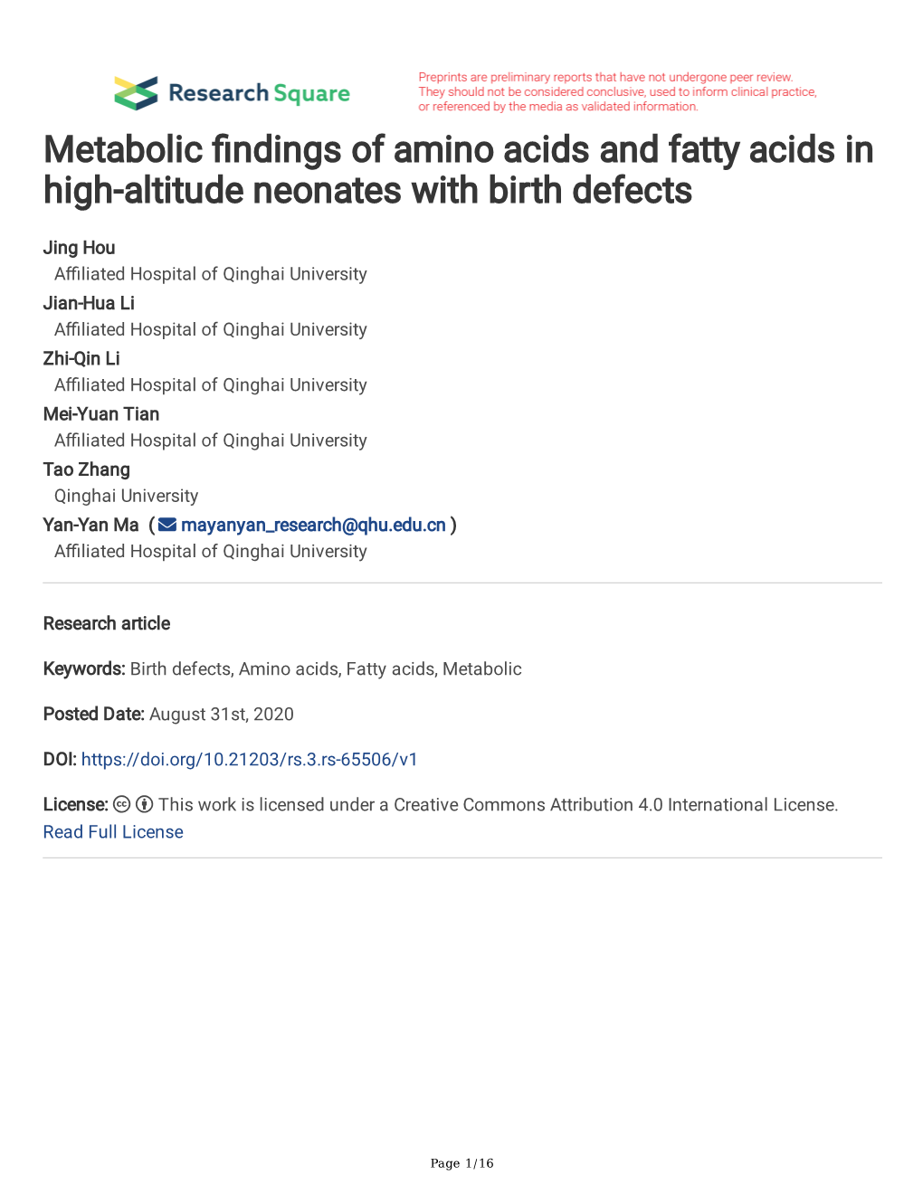 Metabolic Ndings of Amino Acids and Fatty Acids in High-Altitude Neonates