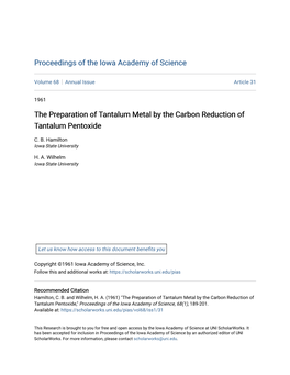 The Preparation of Tantalum Metal by the Carbon Reduction of Tantalum Pentoxide