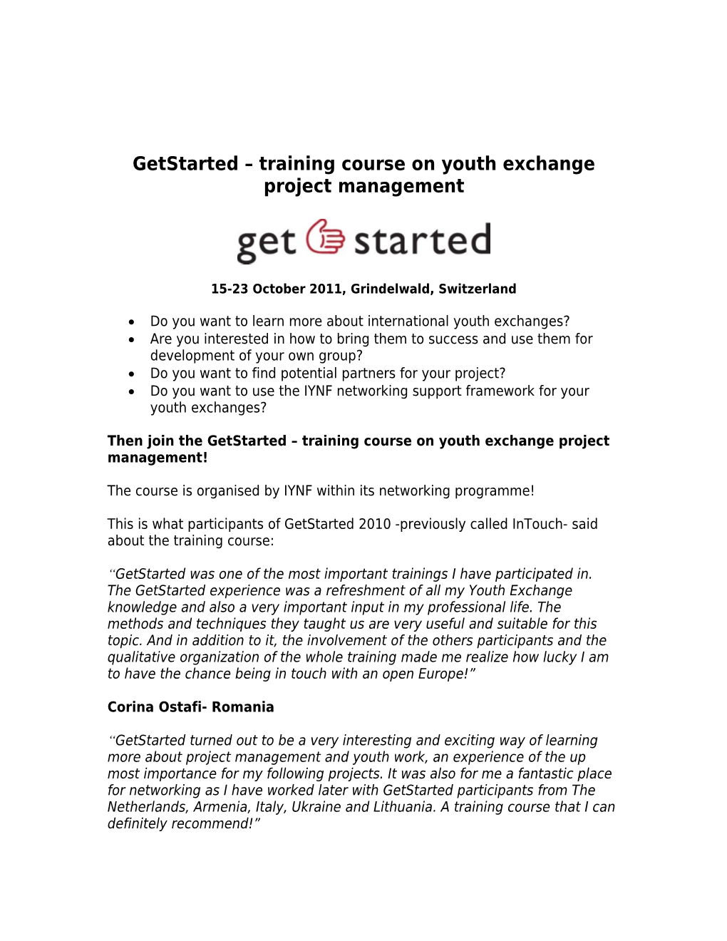 Intouch Training Course on Youth Exchange Project Management