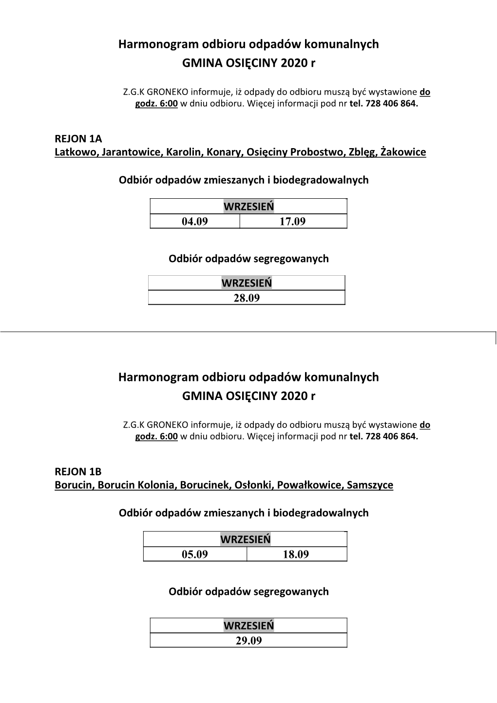 Harmonogram Odbioru Odpadów Komunalnych GMINA OSIĘCINY 2020 R