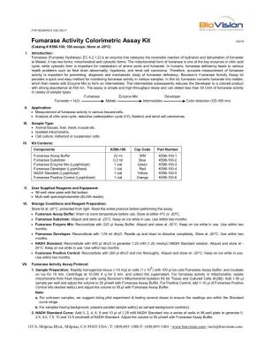 Fumarase Activity Colorimetric Assay Kit 03/14 (Catalog # K596-100; 100 Assays; Store at -20°C) I