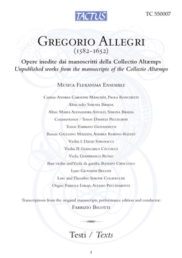 Gregorio Allegri (1582-1652) Opere Inedite Dai Manoscritti Della Collectio Altæmps Unpublished Works from the Manuscripts of the Collectio Altæmps