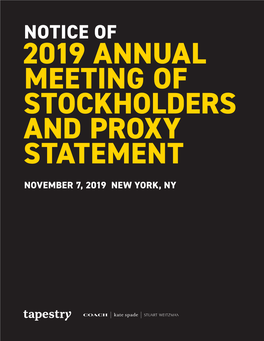 Notice of 2019 Annual Meeting of Stockholders and Proxy Statement November 7, 2019 New York, Ny