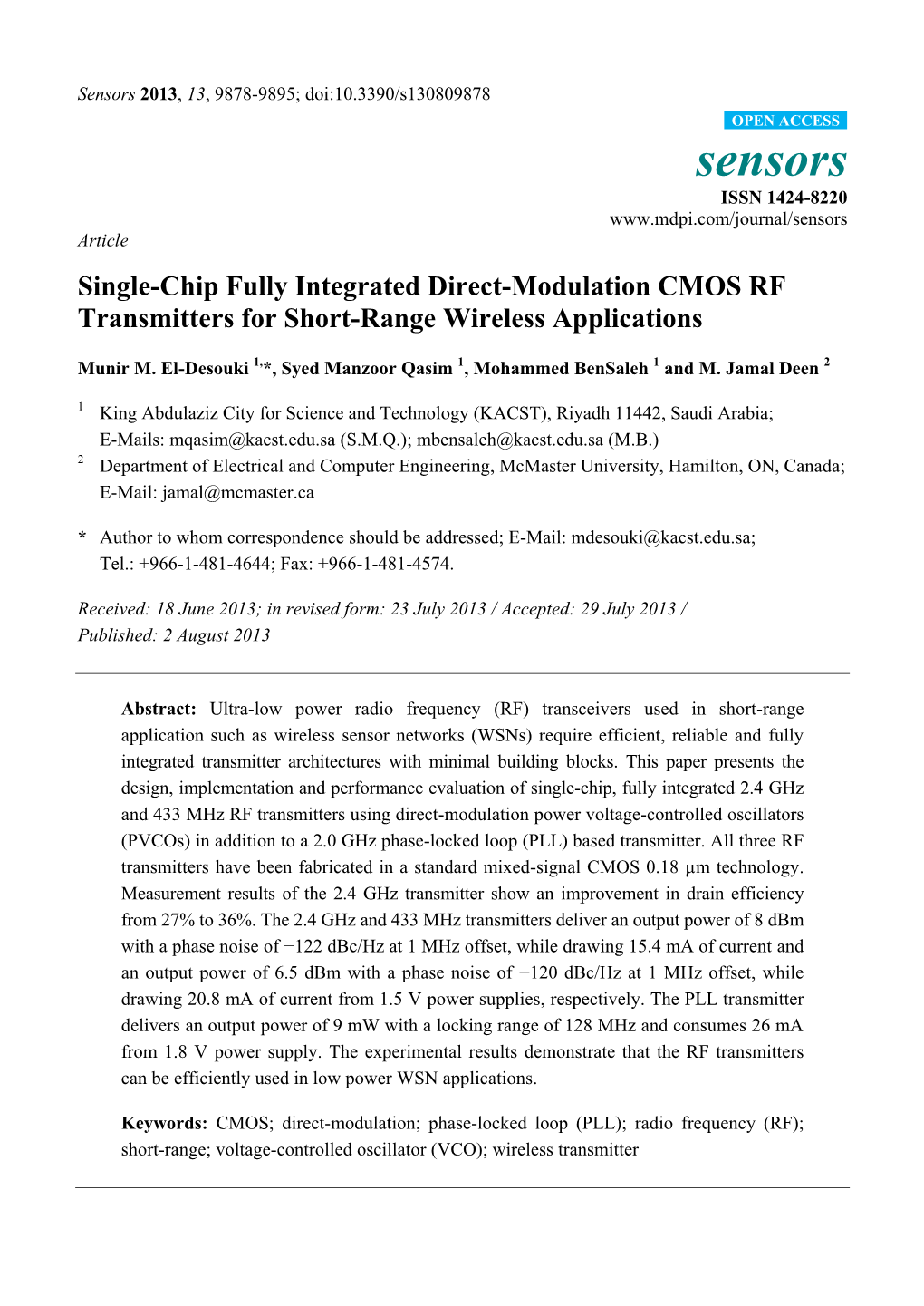 Single-Chip Fully Integrated Direct-Modulation CMOS RF Transmitters for Short-Range Wireless Applications