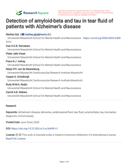 Detection of Amyloid-Beta and Tau in Tear Uid of Patients with Alzheimer's