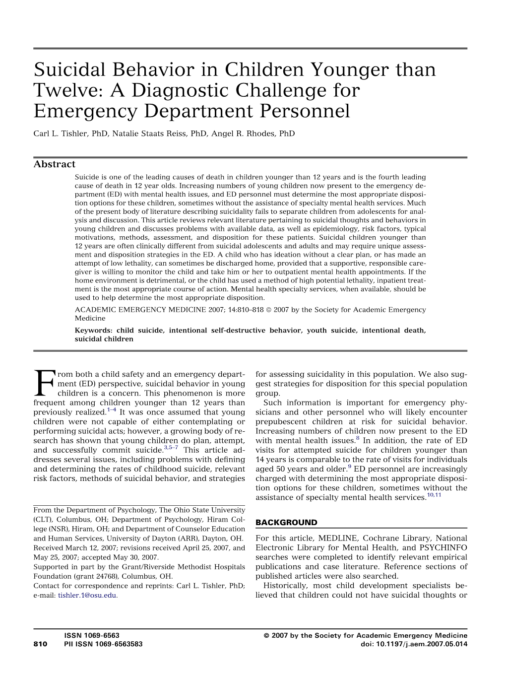 Suicidal Behavior in Children Younger Than Twelve: a Diagnostic Challenge for Emergency Department Personnel
