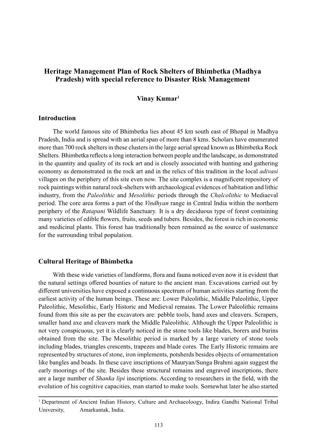 Heritage Management Plan of Rock Shelters of Bhimbetka (Madhya Pradesh) with Special Reference to Disaster Risk Management