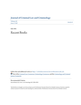 Recent Books Criminal Law and Criminology