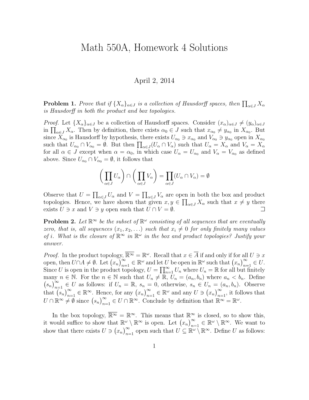 Math 550A, Homework 4 Solutions