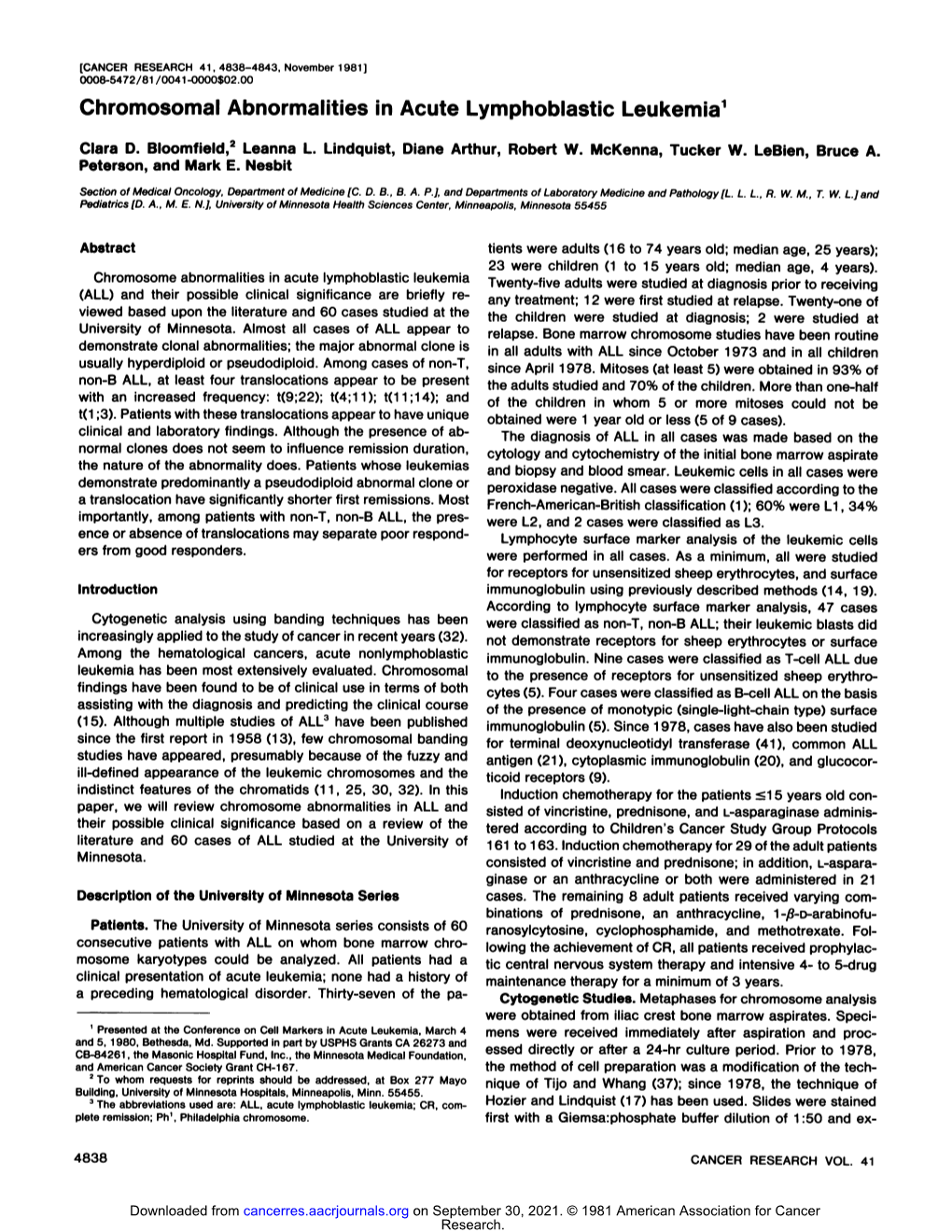 Chromosomal Abnormalities in Acute Lymphoblastic Leukemia1