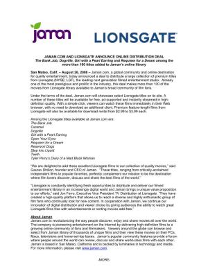 Jaman.Com and Lionsgate Announce Online Distribution Deal