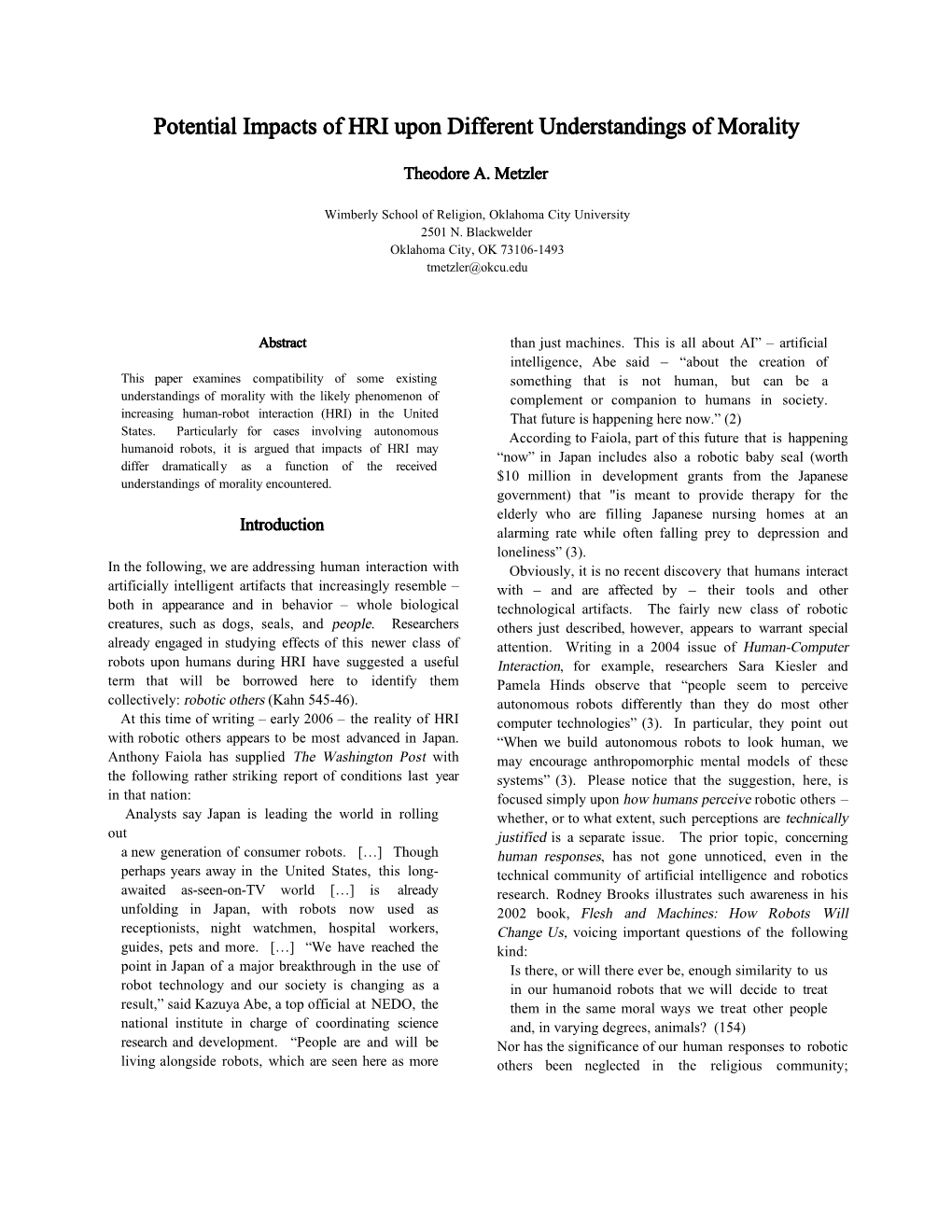 Potential Impacts of HRI Upon Different Understandings of Morality