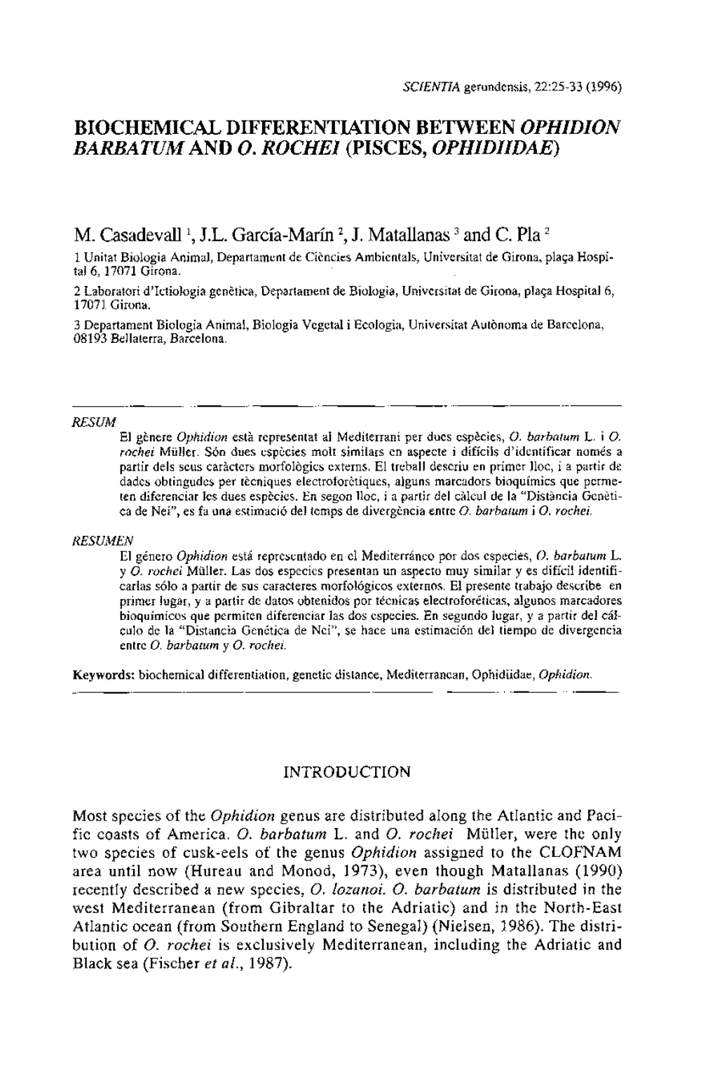 Biochemical Differentiation Between Ophidion Barbatum and O