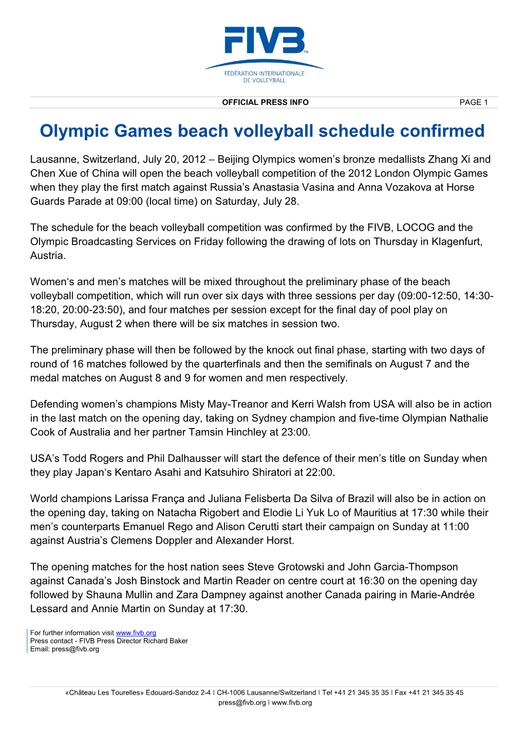 Olympic Games Beach Volleyball Schedule Confirmed DocsLib