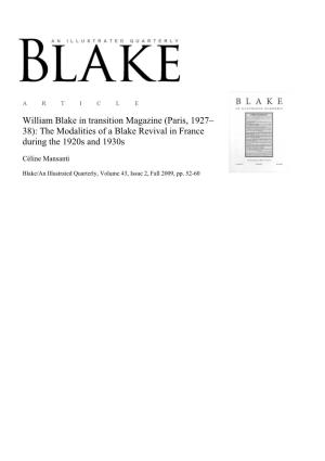 William Blake in Transition Magazine (Paris, 1927–38): the Modalities Of