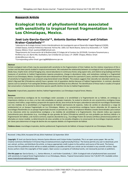 Ecological Traits of Phyllostomid Bats Associated with Sensitivity to Tropical Forest Fragmentation in Los Chimalapas, Mexico