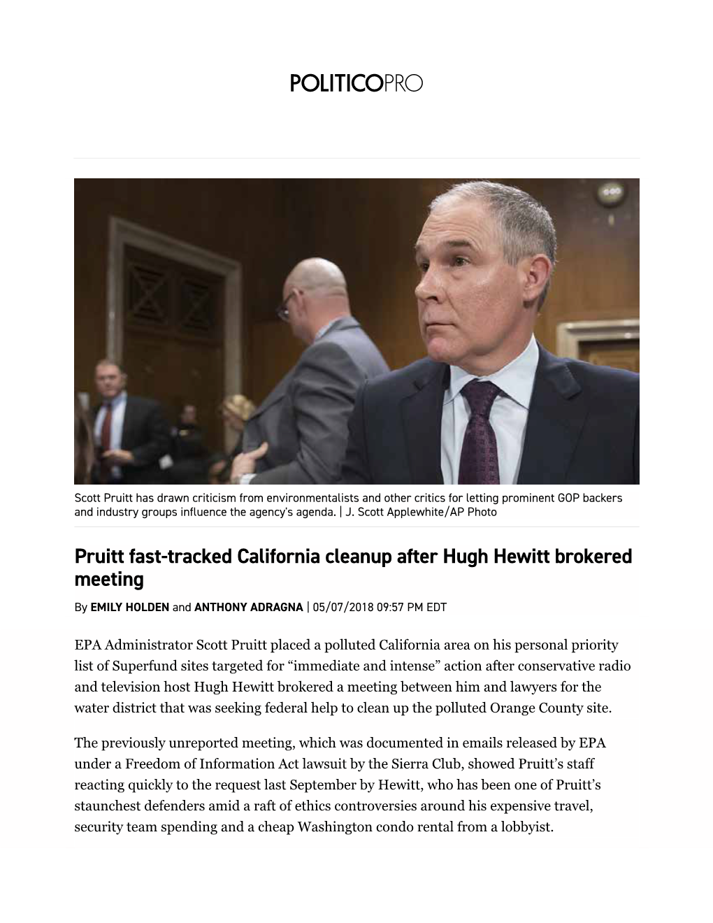 EPA Administrator Scott Pruitt Placed a Polluted California Area on His Personal Priority List of Superfund Sites Targeted