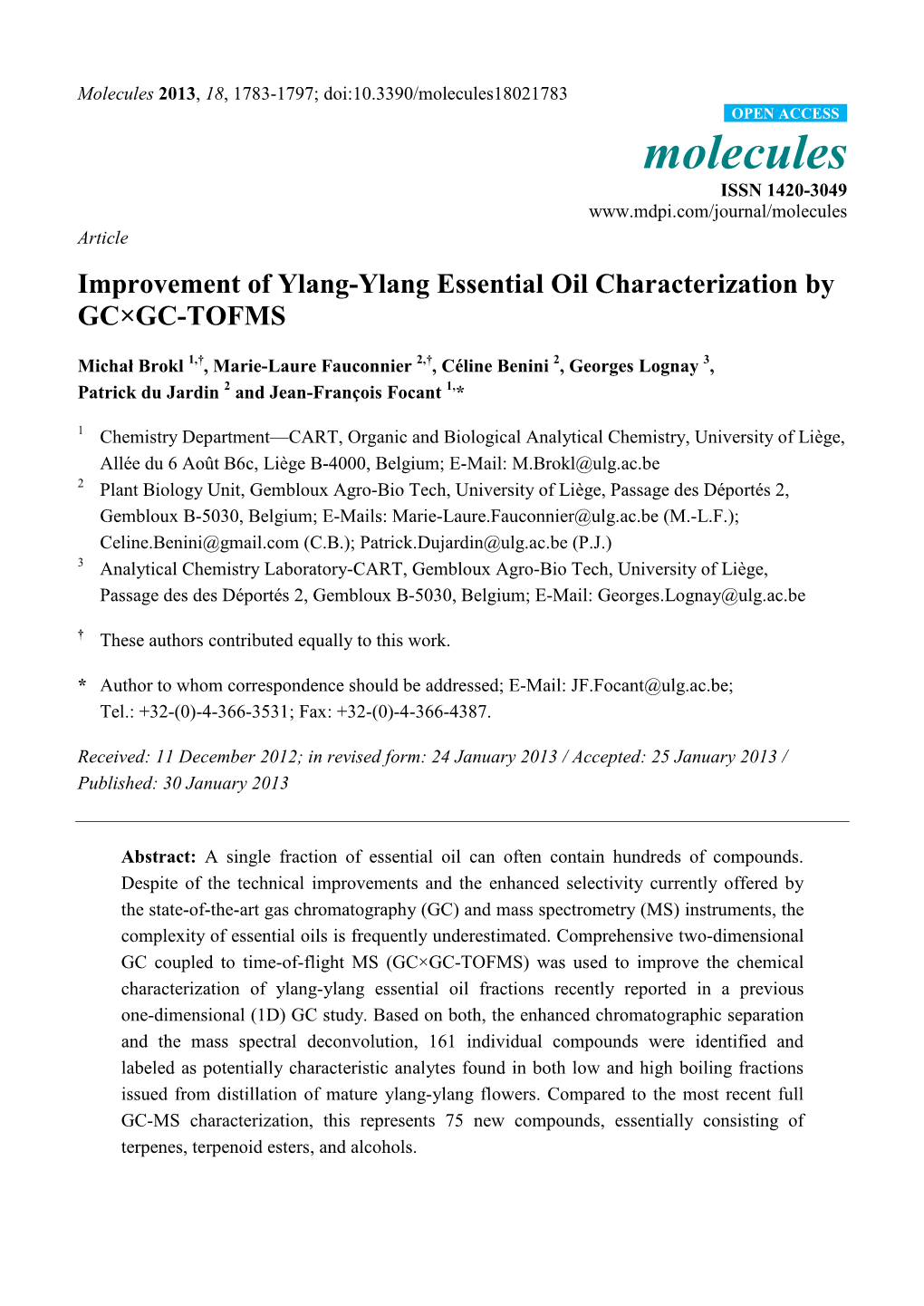 Improvement of Ylang-Ylang Essential Oil Characterization by GC×GC-TOFMS