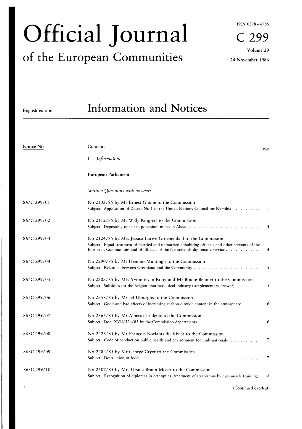 Official Journal C299 Volume 29 of the European Communities 24 November 1986