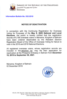 Information Bulletin No. 032-2019 Notice Of