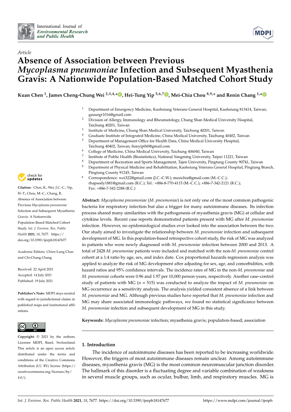 Absence of Association Between Previous Mycoplasma Pneumoniae Infection and Subsequent Myasthenia Gravis: a Nationwide Population-Based Matched Cohort Study