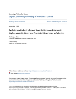 Evolutionary Endocrinology of Juvenile Hormone Esterase in Gryllus Assimilis: Direct and Correlated Responses to Selection