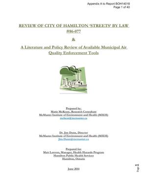 Review of City of Hamilton 'Streets' by Law #86-077 & A