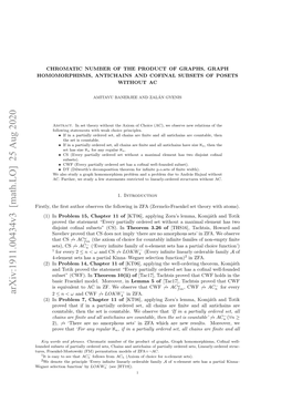 Chromatic Number of the Product of Graphs, Graph Homomorphisms, Antichains and Cofinal Subsets of Posets Without AC