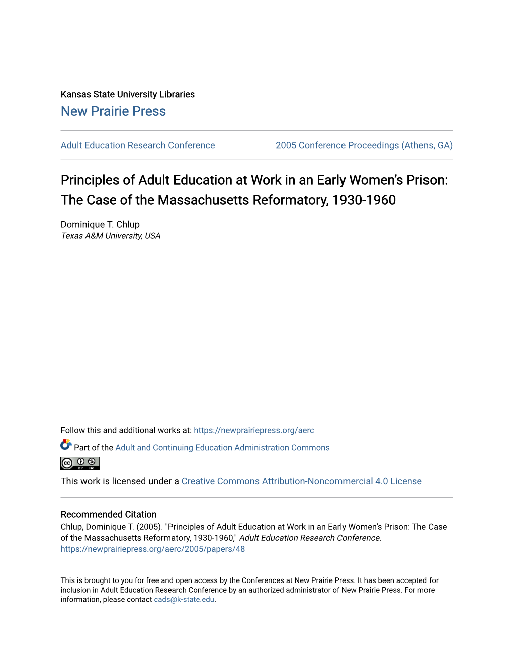 Principles of Adult Education at Work in an Early Women’S Prison: the Case of the Massachusetts Reformatory, 1930-1960