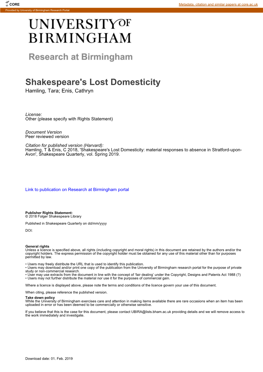 Shakespeare's Lost Domesticity Hamling, Tara; Enis, Cathryn