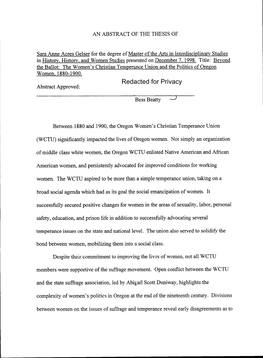 Beyond the Ballot : the Women's Christian Temperance Union and the Politics of Oregon Women, 1880-1900