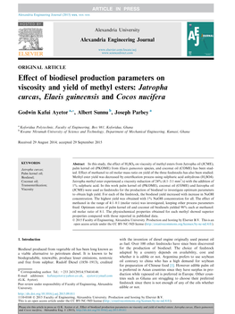 Effect of Biodiesel Production Parameters on Viscosity and Yield Of