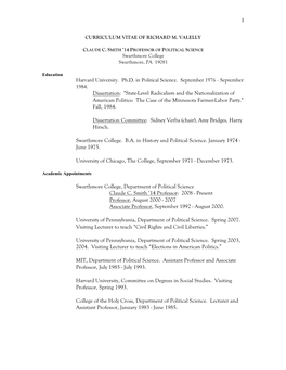 Curriculum Vitae of Richard M. Valelly Claude C. Smith