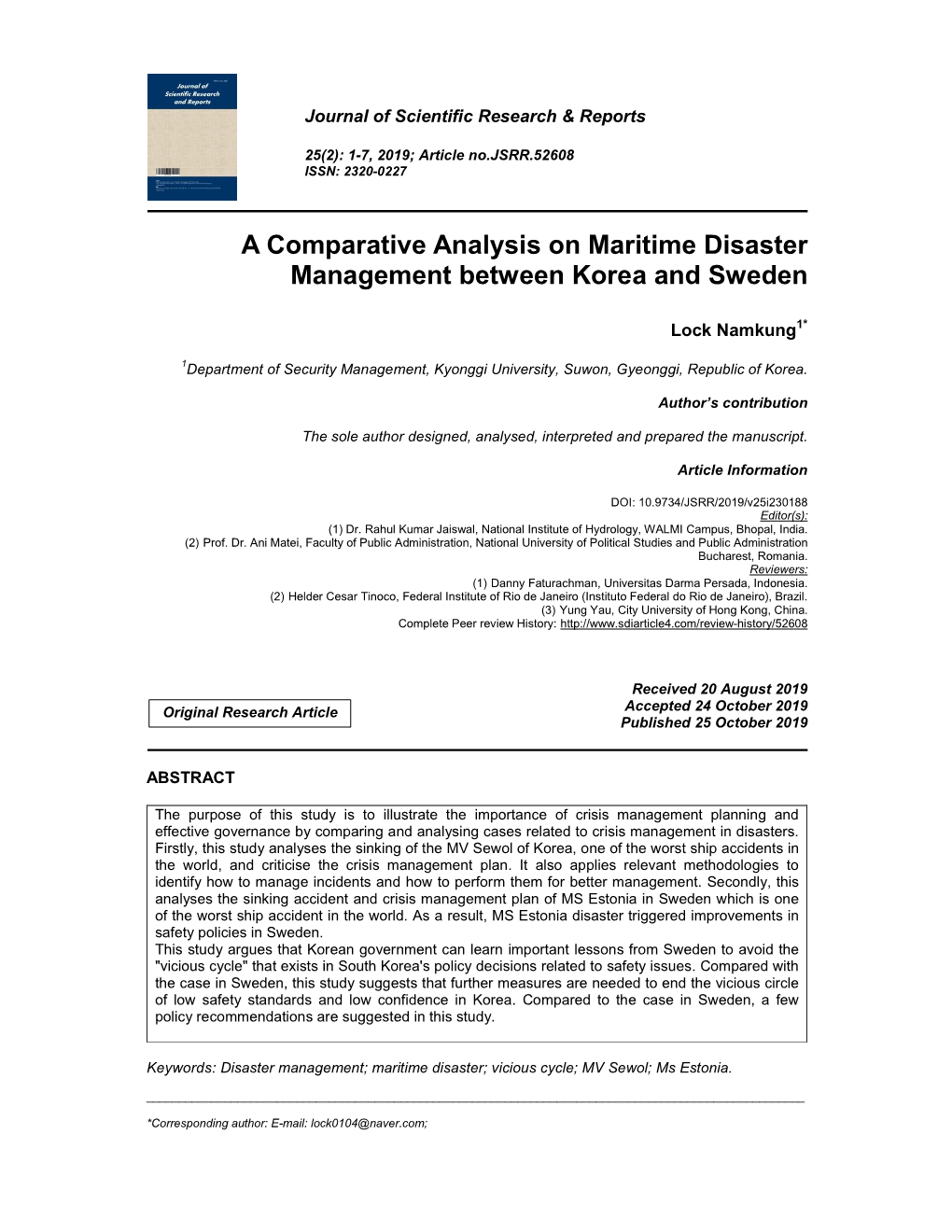 A Comparative Analysis on Maritime Disaster Management Between Korea and Sweden