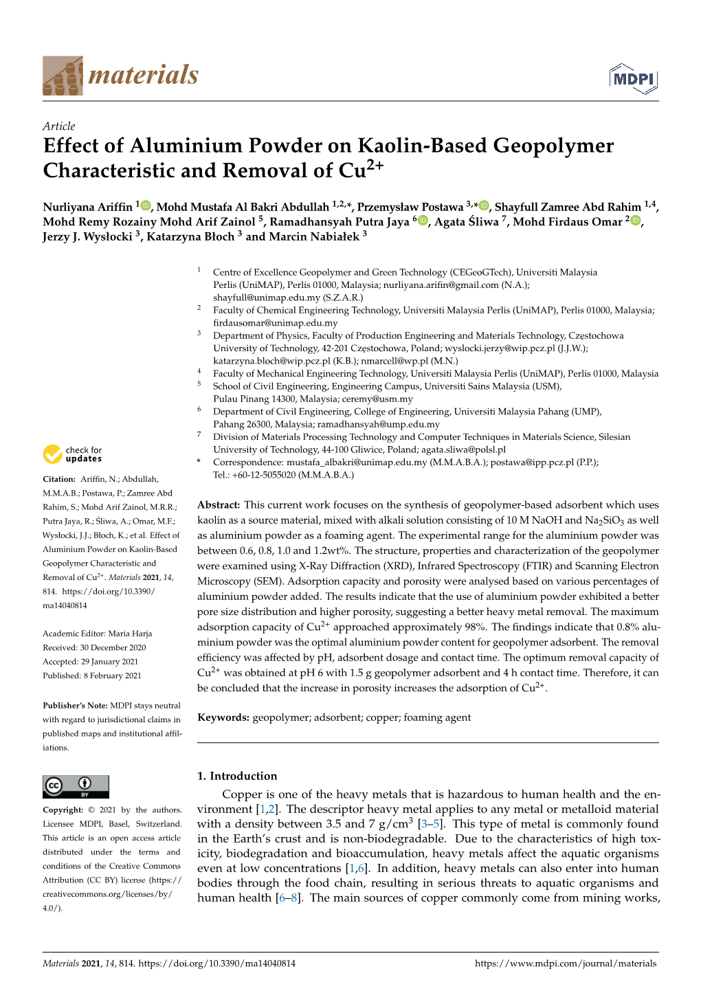 Effect of Aluminium Powder on Kaolin-Based Geopolymer Characteristic and Removal of Cu2+