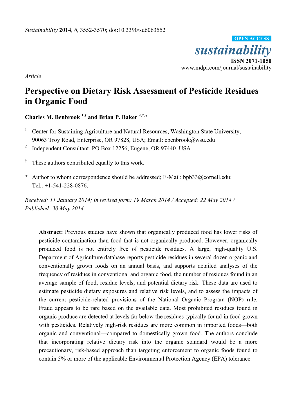 Perspective on Dietary Risk Assessment of Pesticide Residues in Organic Food