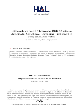 Laticorophium Baconi (Shoemaker, 1934) (Crustacea: Amphipoda: Corophiidae: Corophiini): First Record in European Marine Waters Benoit Gouillieux, Pierre-Guy Sauriau