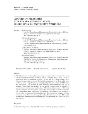 Accuracy Measures for Binary Classification Based on a Quantitative Variable