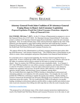 Attorney General Frosh Joins Coalition of 20 Attorneys General