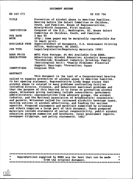 ED 265 472 TITLE PUB DATE NOTE AVAILABLE from PUB TYPE EDRS PRICE DESCRIPTORS DOCUMENT RESUME CG 018 796 Prevention of Alcohol A