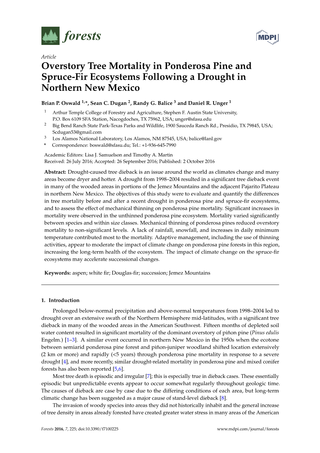 Overstory Tree Mortality in Ponderosa Pine and Spruce-Fir Ecosystems Following a Drought in Northern New Mexico