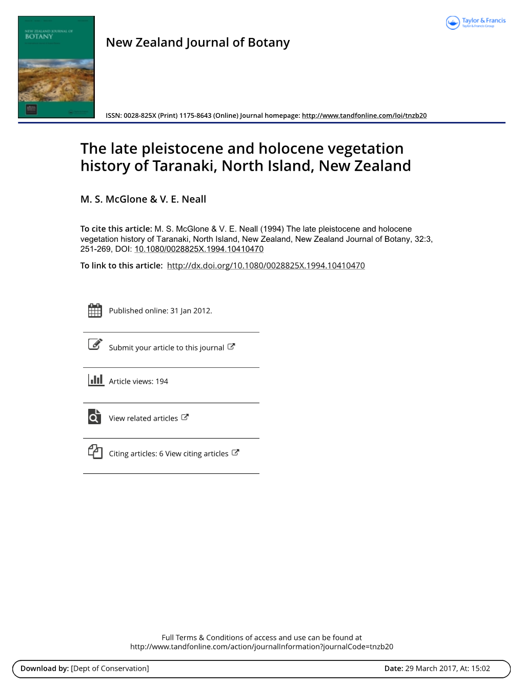 The Late Pleistocene and Holocene Vegetation History of Taranaki, North Island, New Zealand