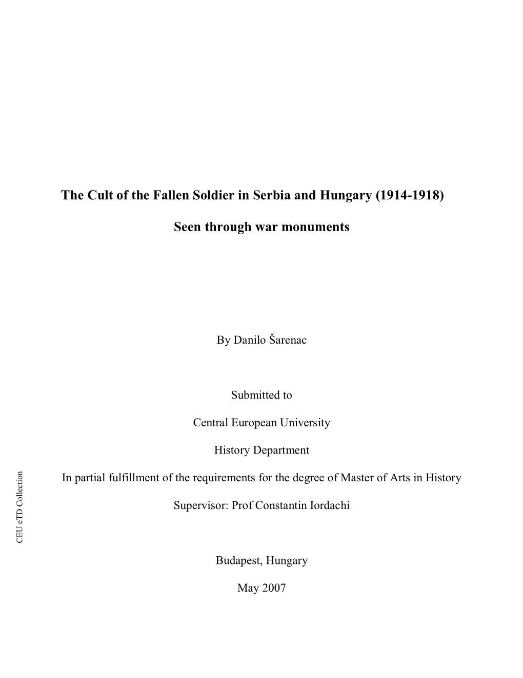 The Cult of the Fallen Soldier in Serbia and Hungary (1914-1918)