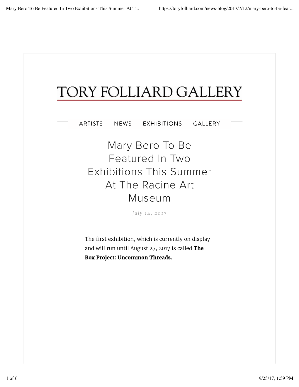 Mary Bero to Be Featured in Two Exhibitions This Summer at the Racine Art Museum — Tory Folliard Gallery