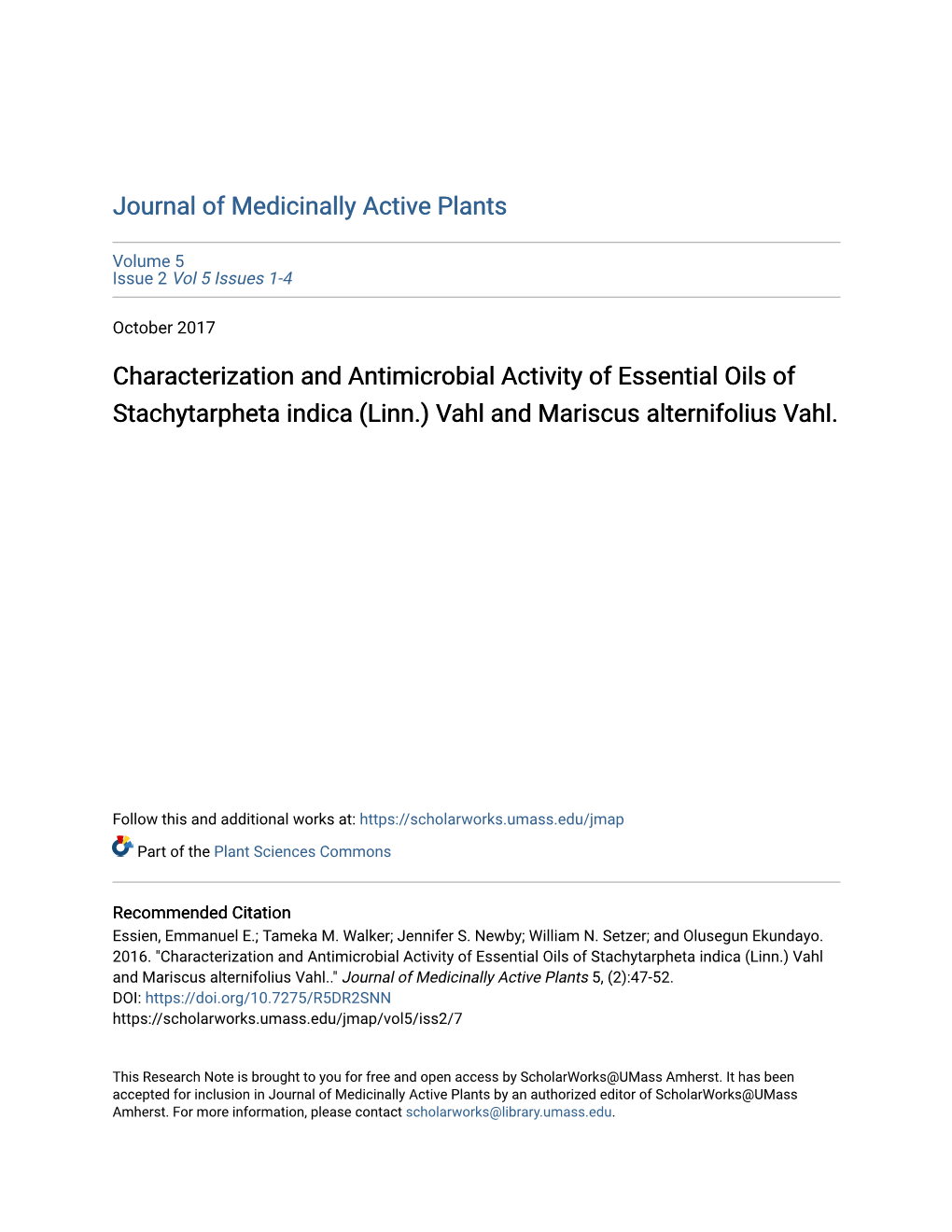 Characterization and Antimicrobial Activity of Essential Oils of Stachytarpheta Indica (Linn.) Vahl and Mariscus Alternifolius Vahl