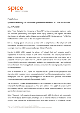 Spice Private Equity Ltd Announces Agreement to Sell Stake in LEON Restaurants