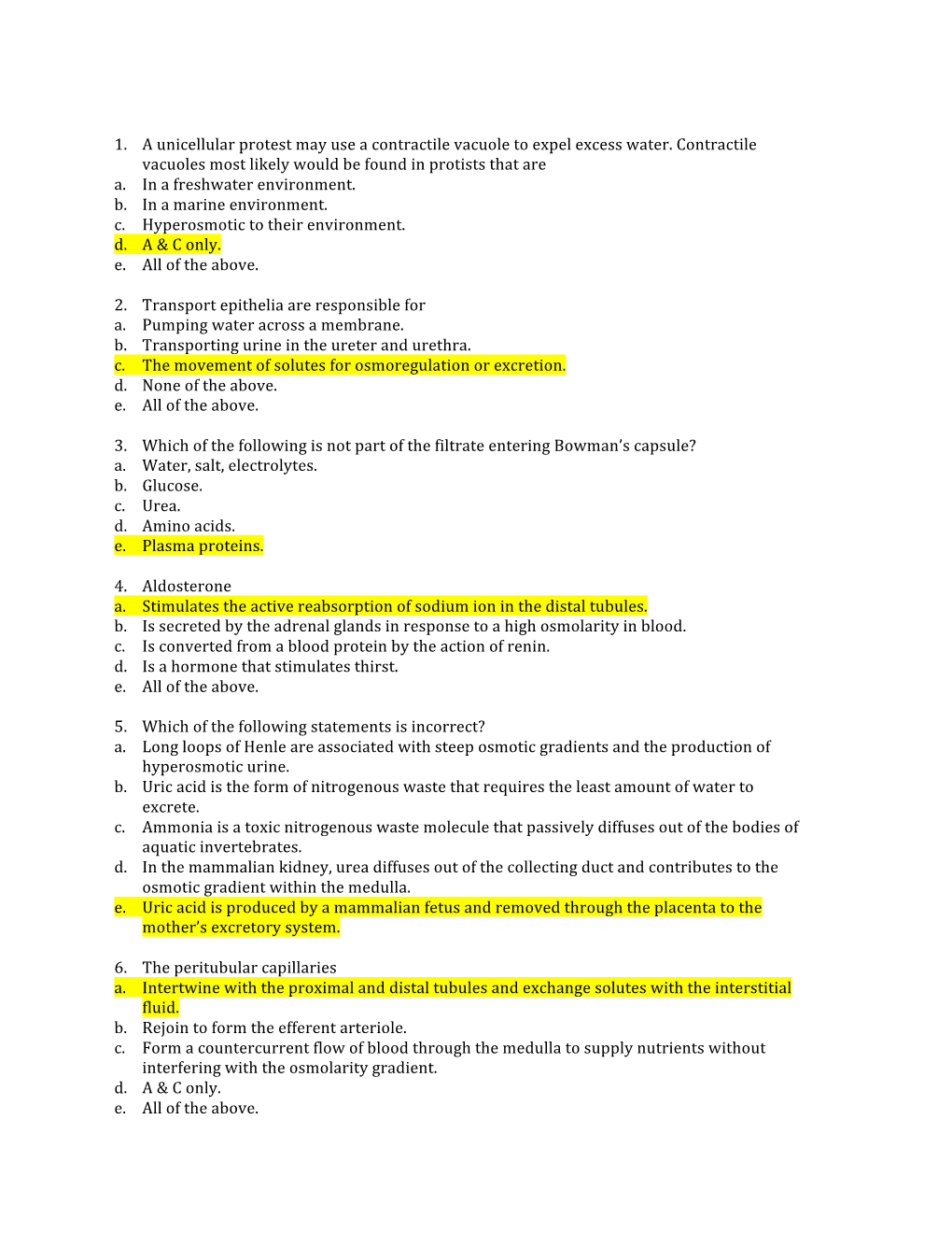 1. a Unicellular Protest May Use a Contractile Vacuole to Expel Excess Water