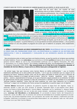 Comentario De Texto. Discurso De Carrero Blanco En Las Cortes, El 20 De Julio De 1973